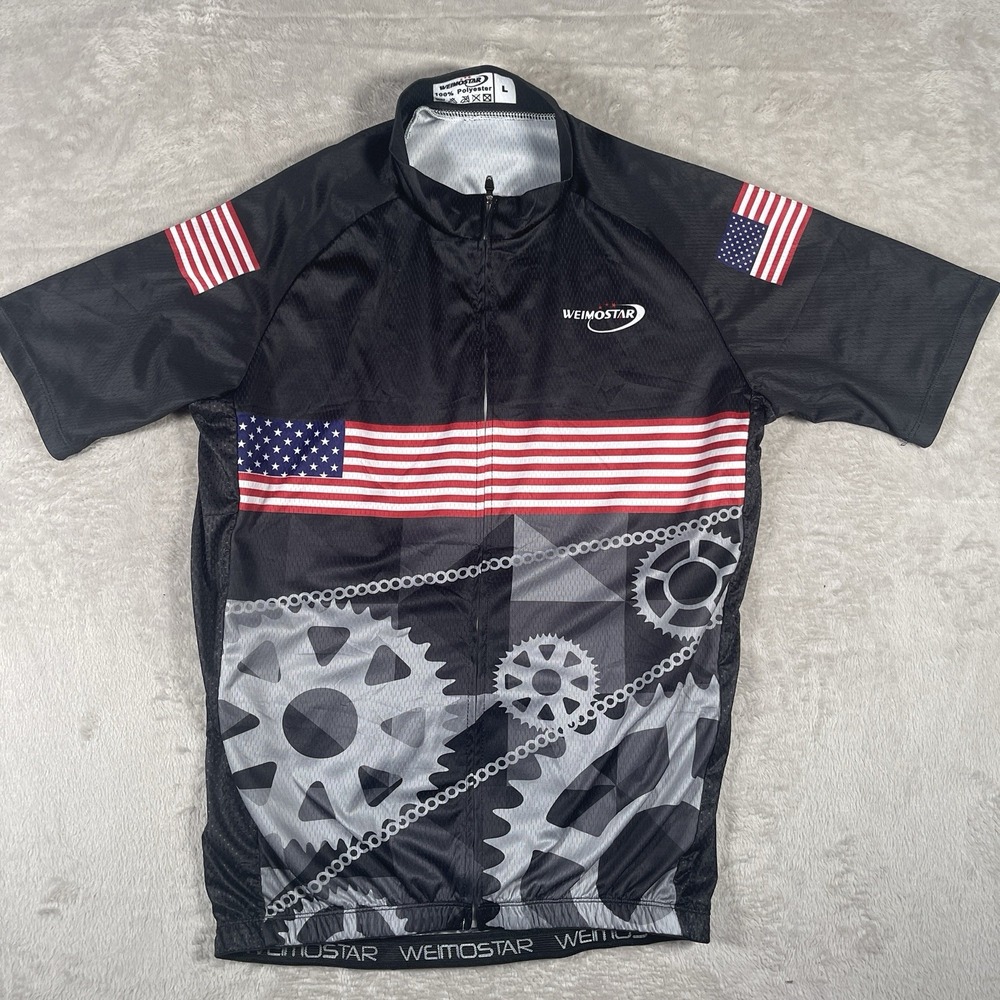 Weimostar USA America Vented Black Cycling Jersey Men's Large Full Zip Bike Gear